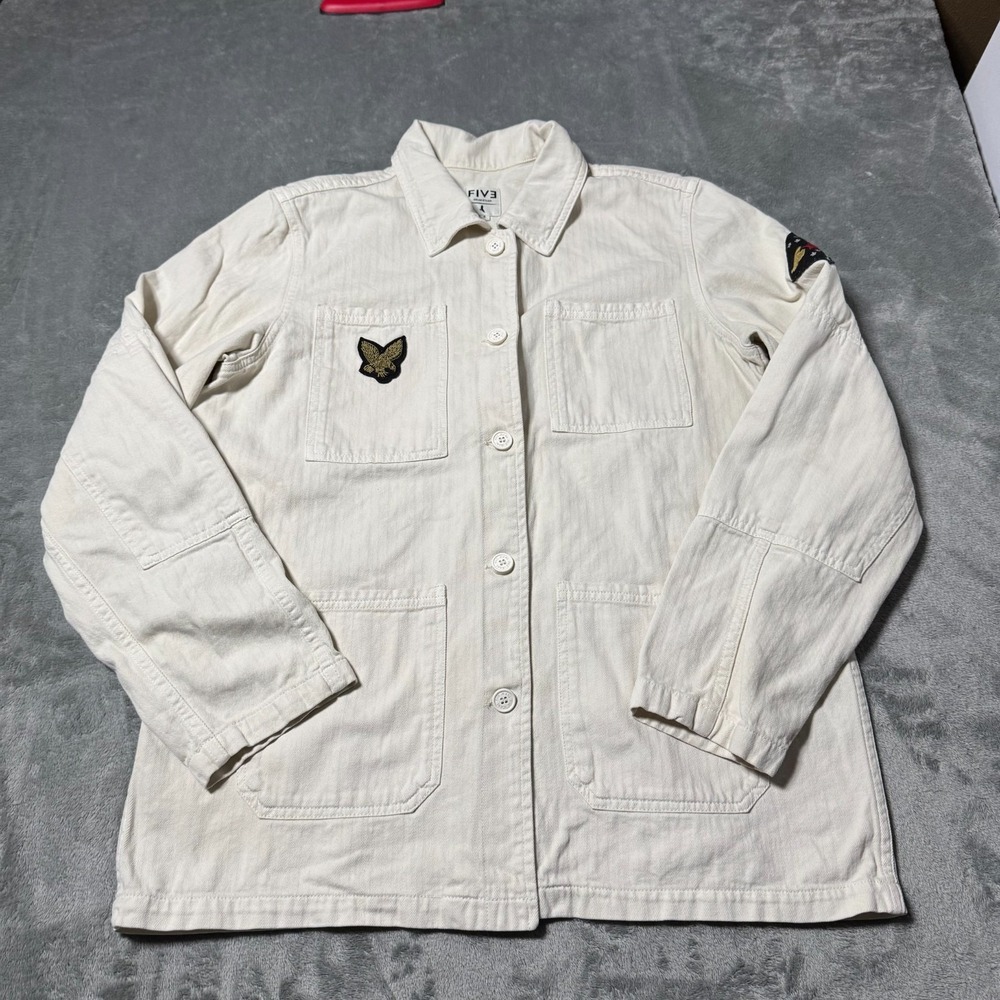 FIVE Shacket Women's Small White Herringbone Long Sleeve Collared‎ Button Front